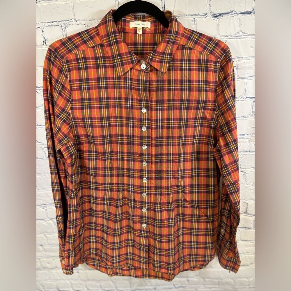tyler böe Orange Blue Pintuck Button Up Brush Cotton Plaid Cottagecore Shirt 12 - Picture 1 of 10